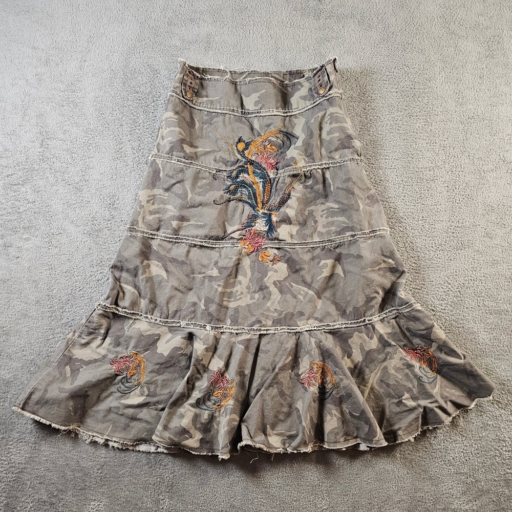 Banana USA Camo Embroidered Tiered Midi‎ Skirt Green Brown Y2K Grunge M